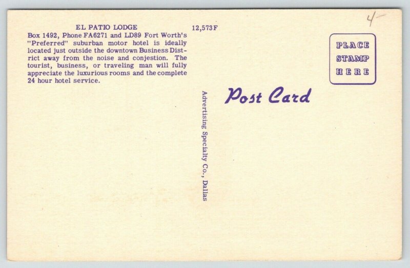 Fort Worth Texas~El Patio Lodge~Roadside Motel~Coffee Shop~1940s Linen Postcard 