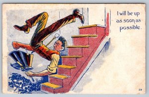 I Will Be Up As Soon As Possible, Man Falling, Coal Cellar Stairs, 1909 Postcard