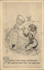 Ullman Little Dutch Boy Gives Girl Tulips c1910 Vintage Postcard