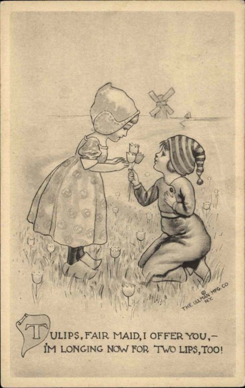 Ullman Little Dutch Boy Gives Girl Tulips c1910 Vintage Postcard