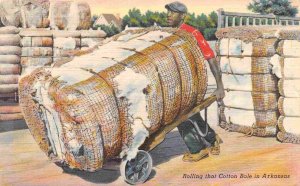 African American Black Man Rolling Cotton Bale Arkansas 1940s linen postcard