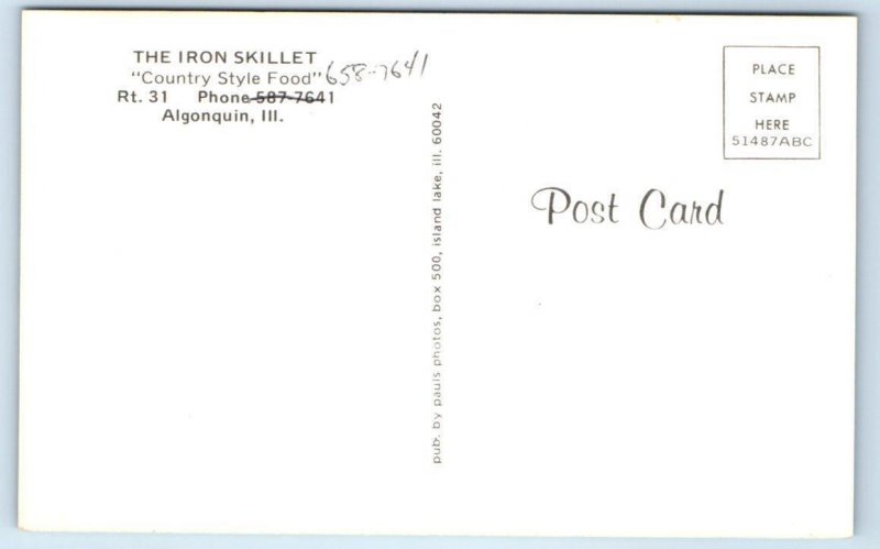 ALGONQUIN, IL Illinois ~ IRON SKILLET RESTAURANT  c1960s Roadside  Postcard