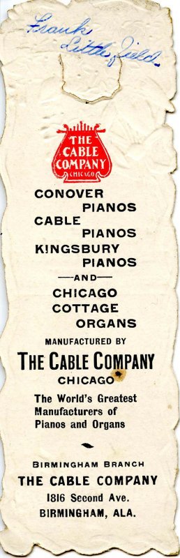 Advertising Bookmark-    The Cable Co, Pianos & Organs (6 X 2)