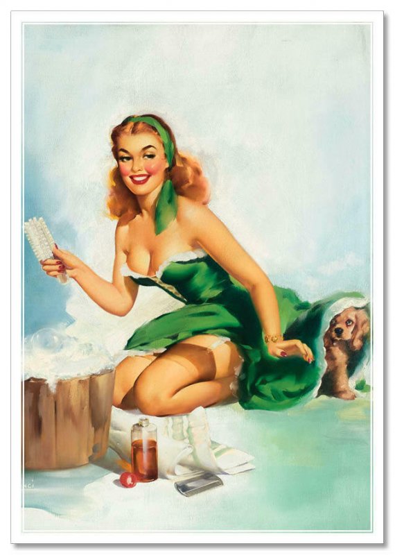 PIN UP GIRL by Edward Runci Woman Washing Puppy Dog MODERN Postcard