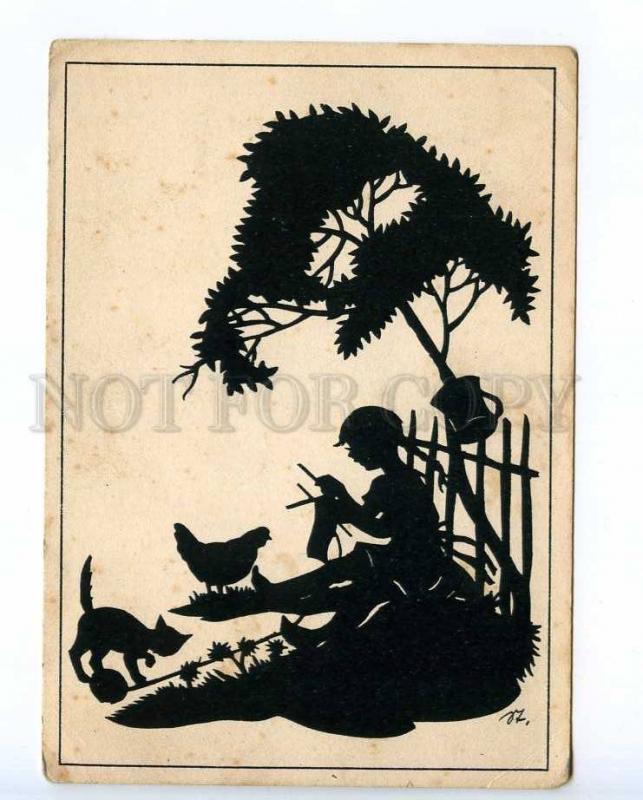 221391 GERMANY JUGEND girl knits & cat old silhouette postcard