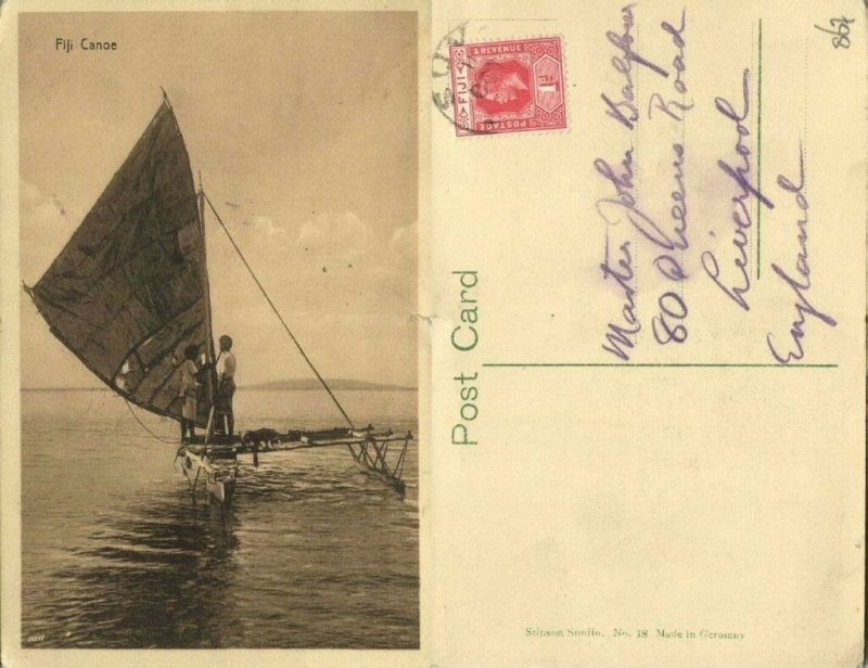 fiji islands, Native Canoe (1910s) Stamp, Stinson Studio 18