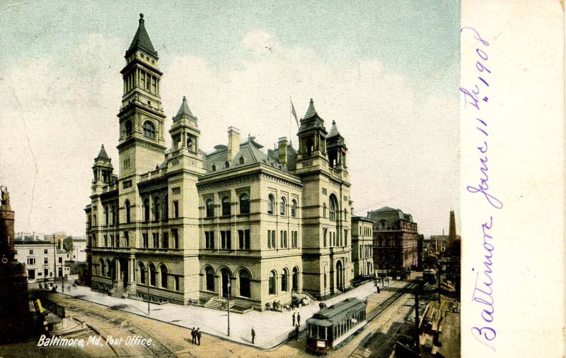 MD - Baltimore. Post Office, Trolley, Street Scene