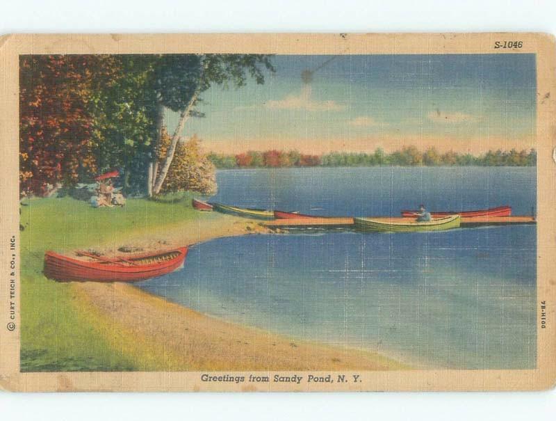 Linen CANOE BOAT ON BEACH SHORE Sandy Pond Creek By Pulaski & Waterton NY d8148