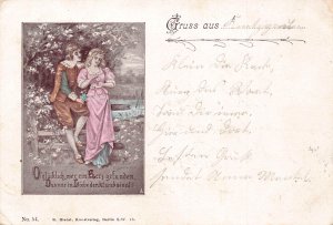 A199 Love Romance 1900 Gruss aus Flowers Couple Poem vintage postcard