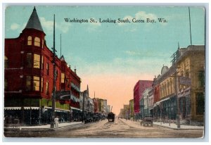 Green Bay Wisconsin Postcard Washington St. Looking South Business Section c1920