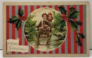 Merry Christmas Red Silver Stripes Hollyberry Children on Sleigh Postcard E10