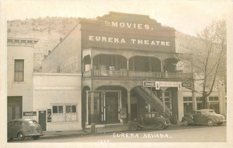 Postcard RPPC 1940s Nevada Eureka Movie Theater autos Coca Cola 23-12010