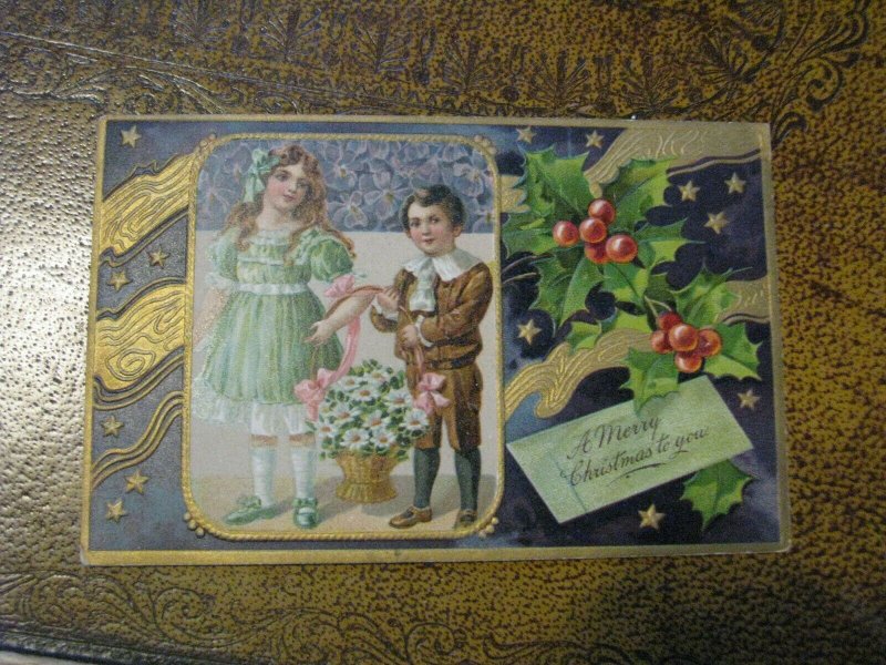 Antique Christmas Postcard PFB 9108 Boy & Girl Basket Flowers Holly 1909 Postmk