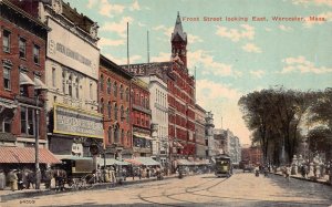 FRONT STREET EAST WORCESTER MASSACHUSETTS TROLLEY NICKELODEON POSTCARD (c. 1910)