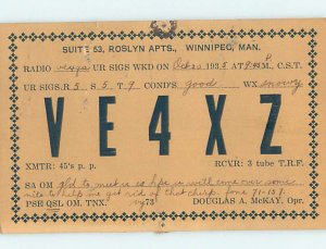1930s QSL RADIO CARD Winnipeg Manitoba MB AH3255