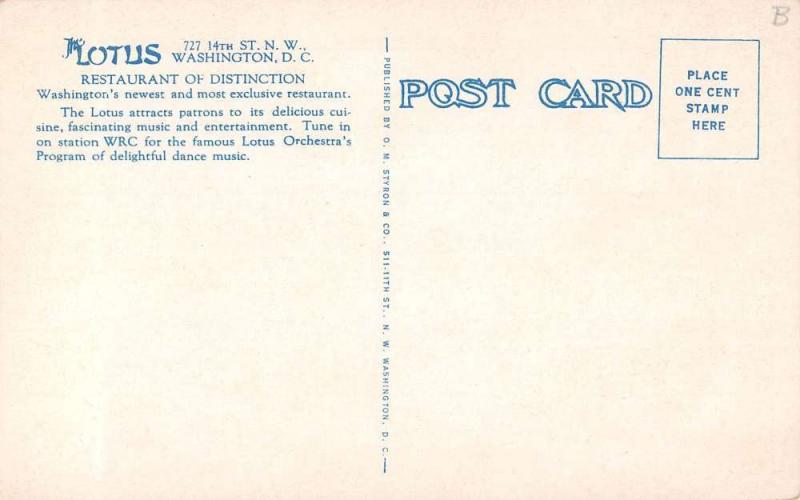  Washington DC The Lotus Restaurant antique pc Z12168