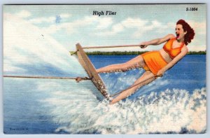 HIGH FLIER WATER SKIER WOMAN 2 PC ORANGE BATHING SUIT 1940's-50's LINEN POSTCARD