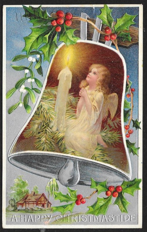 Happy Christmastide Girl Angel Bell Candle & Holly Used c1908