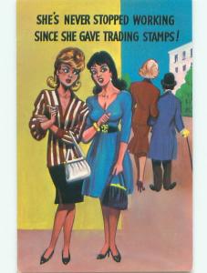 Pre-1980 Risque Comic ATTRACTIVE WOMEN BOTH WITH HANDBAG PURSE AB7108