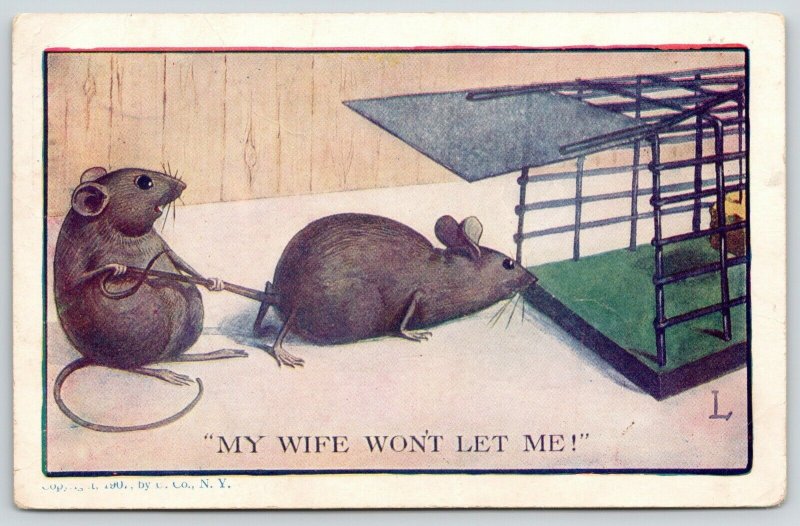 Comic Pun~My Wife Won't Let Me~Mouse Holds Husband From Trap~1907 Postcard 