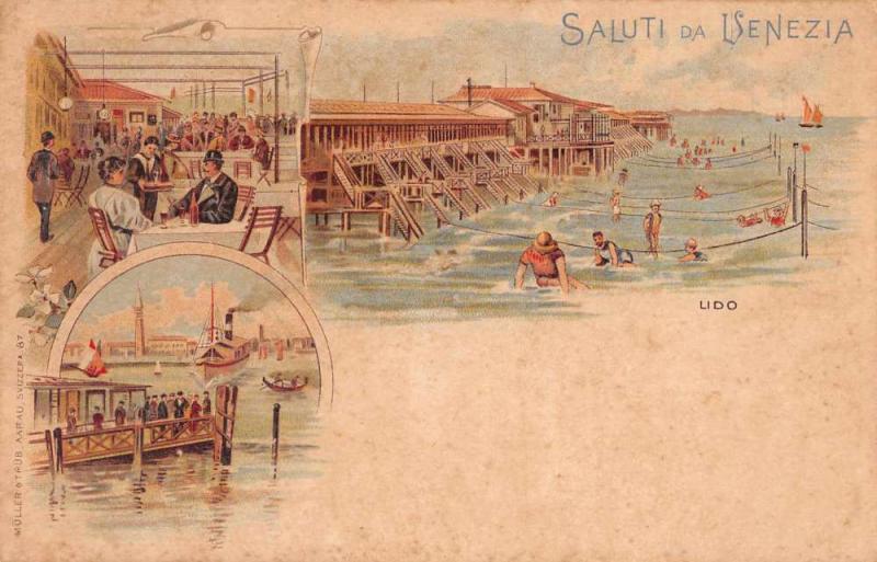 Lido di Venezia Italy Beach and Boardwalk Antique Postcard J57868
