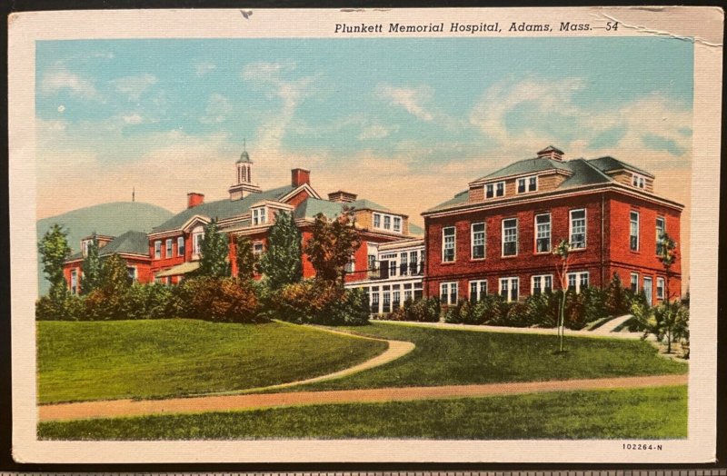 Vintage Postcard 1925 Plunkett Memorial Hospital, Adams, Massachusetts (MA)