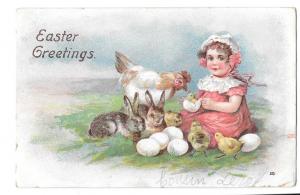 Easter Girl Hen Hatching Chicks Eggs Bunny Rabbits Embossed Postcard Post