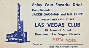 c.1960s Fiesta Motel Card Drink Ticket Las Vegas Club Jackie Gaughan Mel Exber