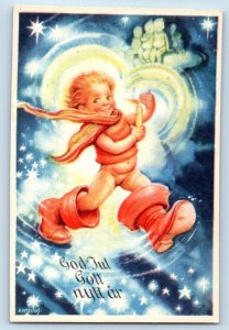 New Year Postcard Little Boy With Candle Heart Stars Tiny Sweden c1910's Antique