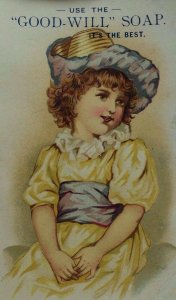 1870's-80's Good Will Soap Adorable Child Yellow Dress Blue Ribbon *G