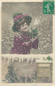 Victorian Style Happy New Year Woman with a Hat in the Snow 06.24