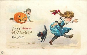 Stecher Embossed Halloween Postcard 339-D Children, Black Cat & JOL, Posted