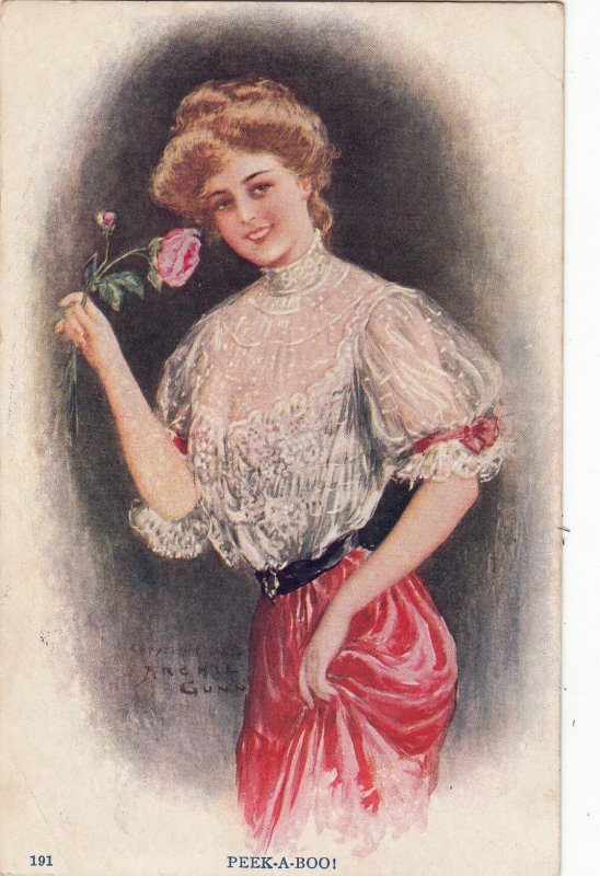 P1817 old postcard pretty woman nice smile with nice roses signed