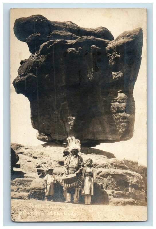 1910's RPPC Pueblo Indian Cheif Garden Of The Gods Balance Rock Postcard F78