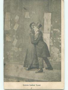 Pre-Linen valentine LOVES LABOR LOST - WOMAN HUGS MAN AT STOREFRONT J0213