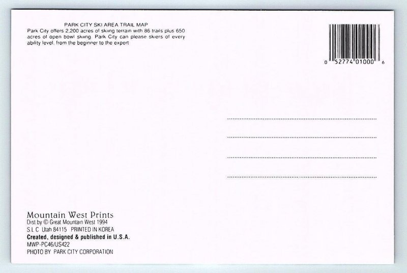 PARK CITY SKI AREA, Utah UT ~ Detailed TRAIL MAP Skiing 1994  ~ 4x6 Postcard