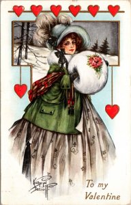 Artist Signed Valentine's Day Postcard Well Dressed Bundled Up Woman in Snow