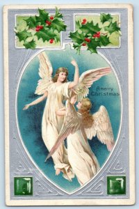 c1910's Christmas Angels Holly Berries Embossed Wesley Iowa IA Antique Postcard