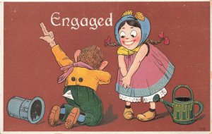 ENGAGED Man & Woman Note Hat & Water Bucket, Embossed Postcard