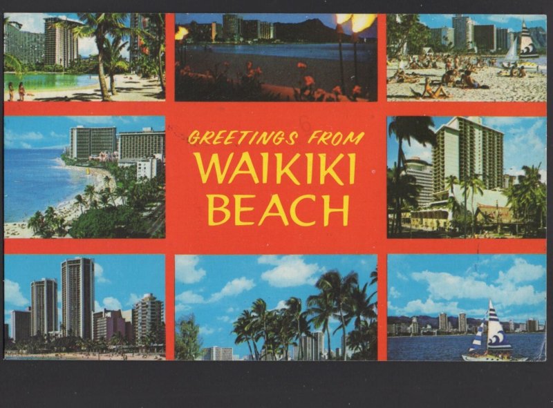 Hawaii MultiView Greetings from WAIKIKI BEACH pm1978 ~ Chrome
