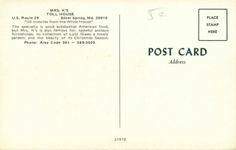 Mr. K’s Toll House, Silver Springs Maryland Vintage Postcard