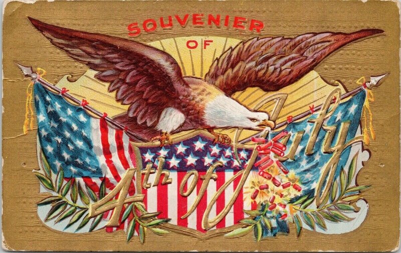 Souvenir of 4th of July Series #3 USA Flag Eagle Embossed c1909 Postcard F19