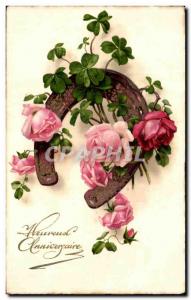 Old Postcard Fancy Flower Happy Birthday Horseshoe