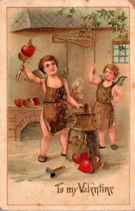 To My Valentine Cupid Spearing Hearts Embossed