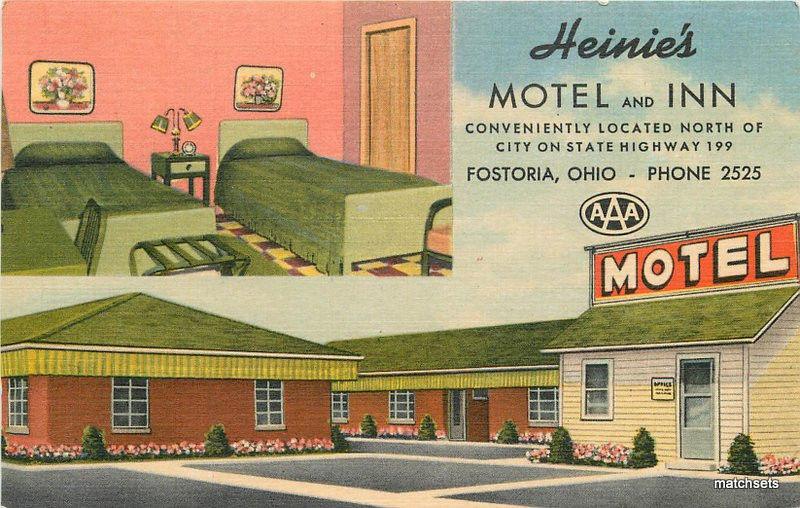 1940s FOSTORIA OHIO Heines Motel Inn Interior entrance linen TEICH POSTCARD 2528
