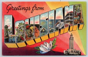 Vintage Postcard Large Letter Greetings Louisiana State Capital Flowers Magnolia