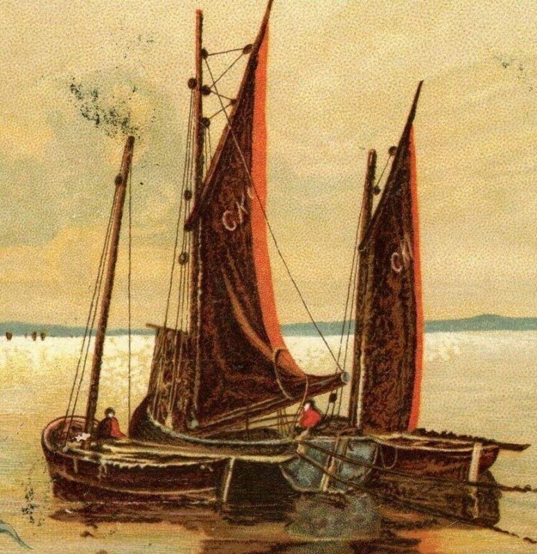 1880's Victorian Trade Card Sunset Beach Scene Boats Sails Fab! P199