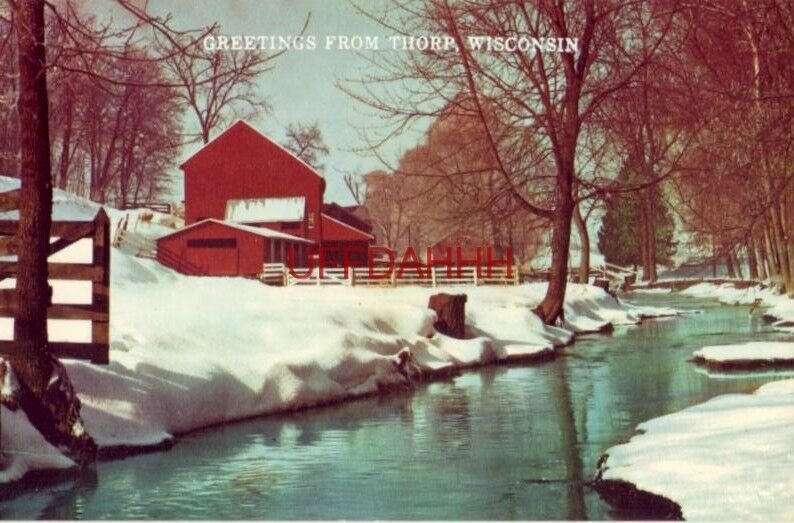 GREETINGS FROM THORP, WI. serene winter scene, barn and river