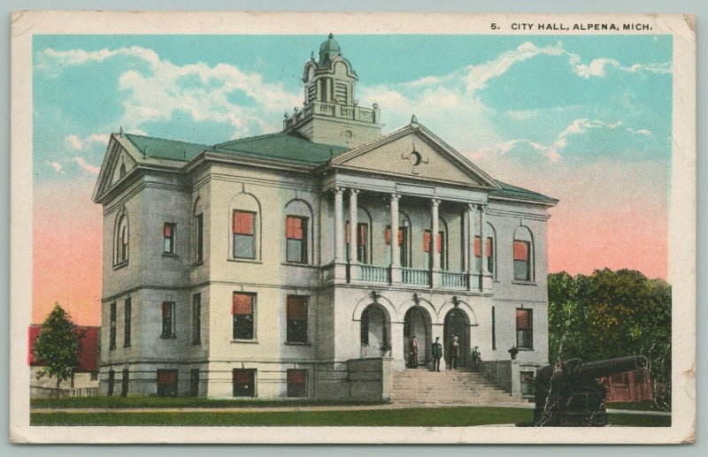 Alpena Michigan~City Hall~Citizens Out Front~Canon in Yard~c1920 Postcard 