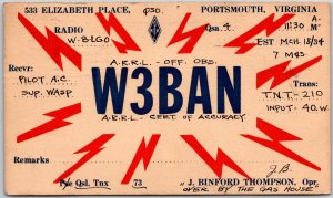 1934 QSL Radio Card W3BAN Portsmouth VA Amateur Radio Station Posted Postcard